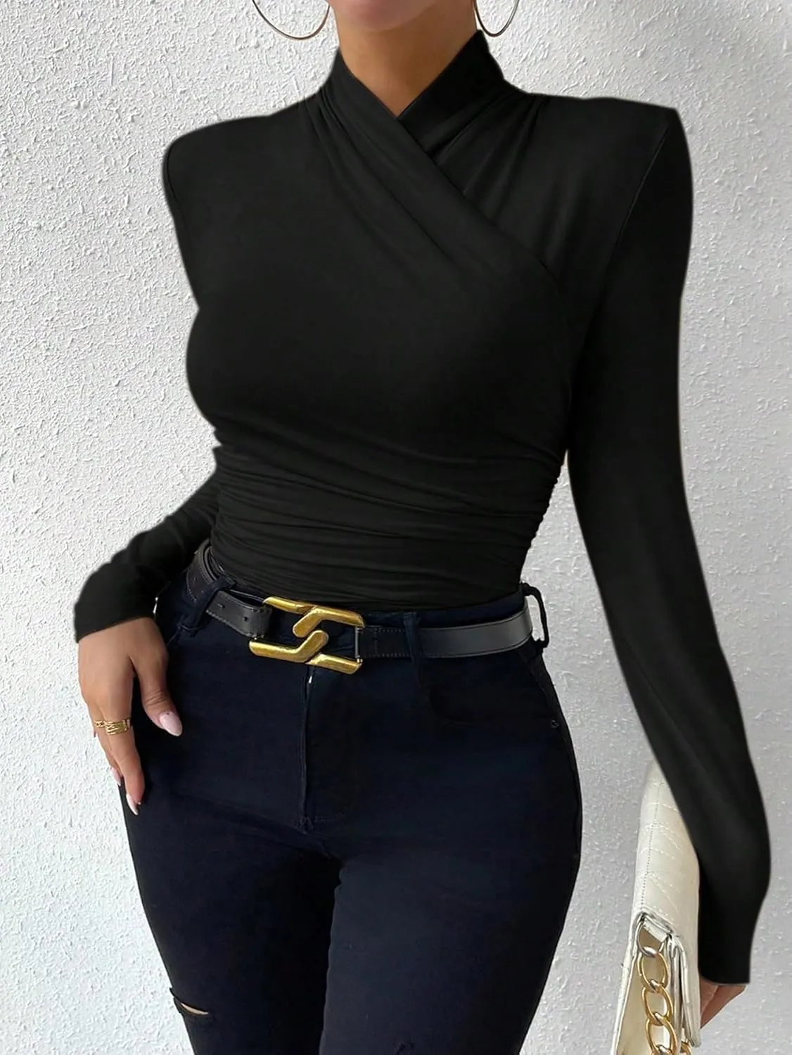 SweatyRocks Women's Ruched Mock Neck Long Sleeve T Shirt Solid Slim Fitted Tee Tops
