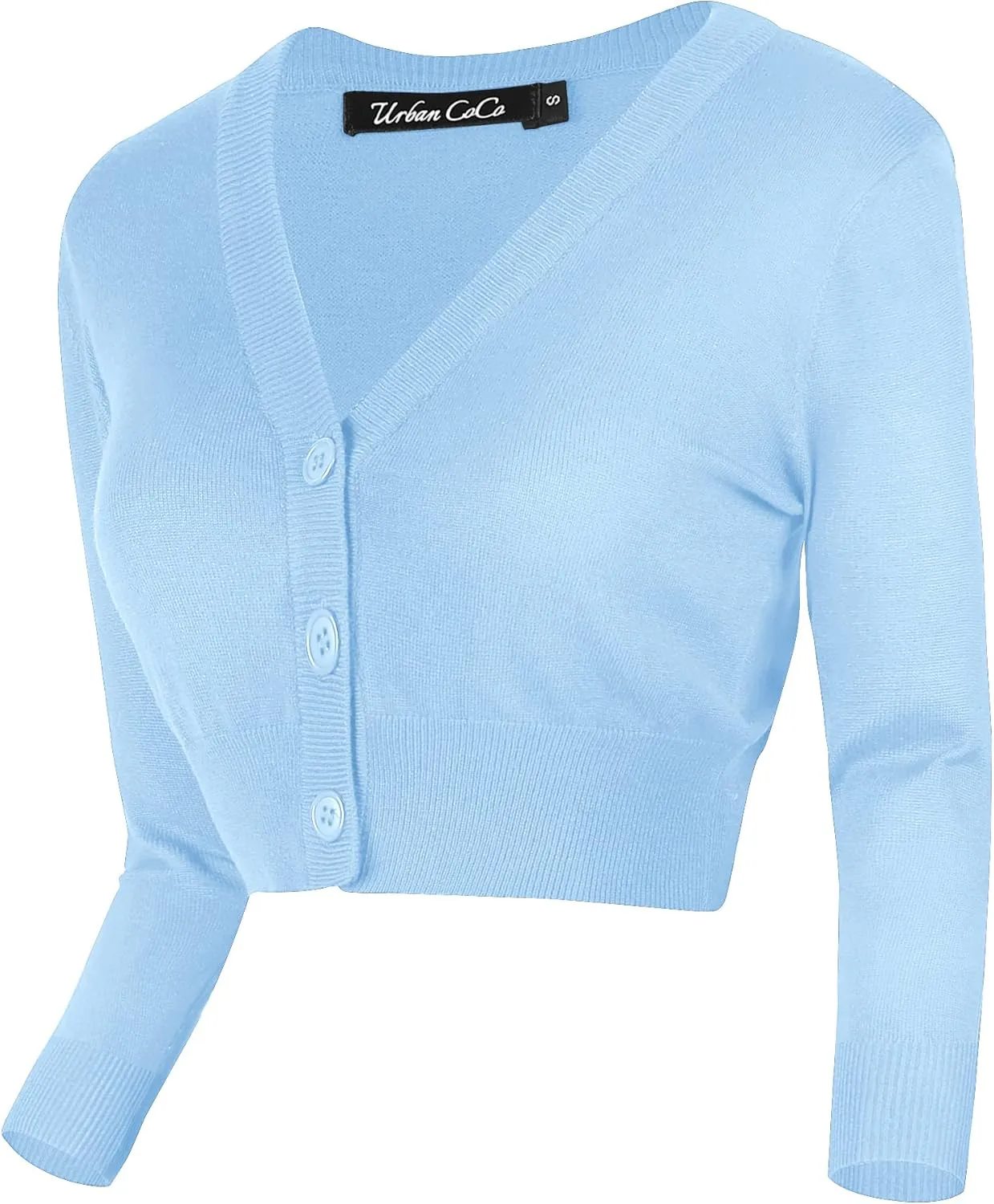 Urban CoCo Women's Cropped Cardigan V-Neck Button Down Knitted Sweater 3/4 Sleeve