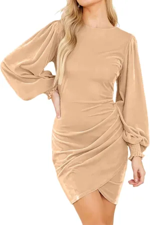 Valiamcep Women's Long Sleeve Velvet Dress Round Neck Puff Sleeve Cocktail Ruched Wrap Bodycon Mini Party Dress