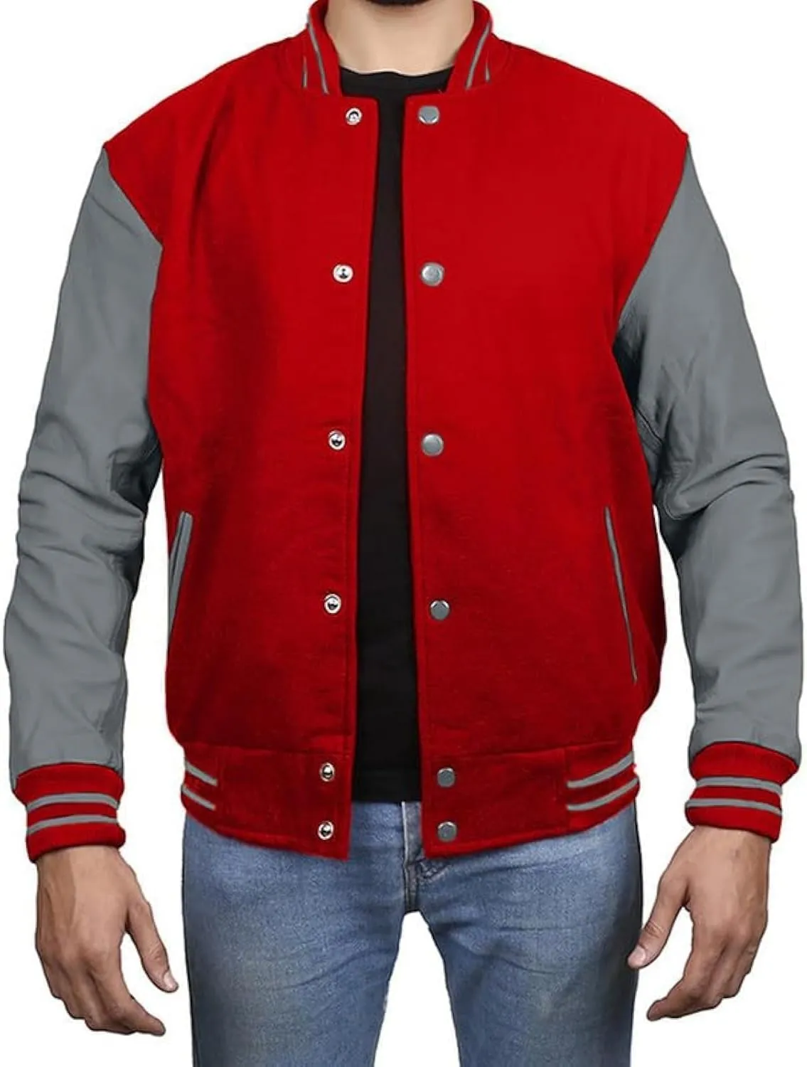 Varsity Jacket - Letterman Jacket - Lightweight Baseball Jackets In (33 Colors) Real Leather Sleeves