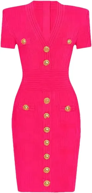 Vsadsau Women's Knitted Dress Stretch Short Sleeve V-Neck Solid Color Buttons Slim Midi Dresses