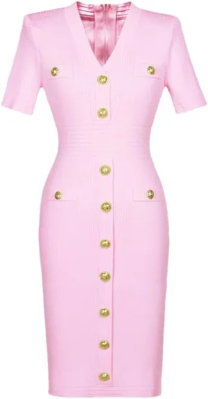 Vsadsau Women's Knitted Dress Stretch Short Sleeve V-Neck Solid Color Buttons Slim Midi Dresses