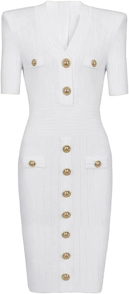 Vsadsau Women's Knitted Dress Stretch Short Sleeve V-Neck Solid Color Buttons Slim Midi Dresses