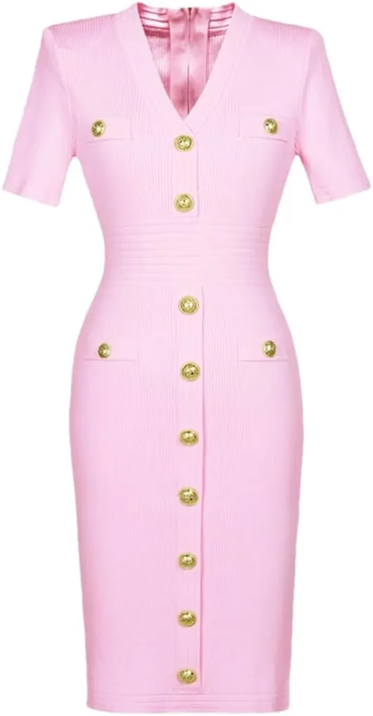 Vsadsau Women's Knitted Dress Stretch Short Sleeve V-Neck Solid Color Buttons Slim Midi Dresses