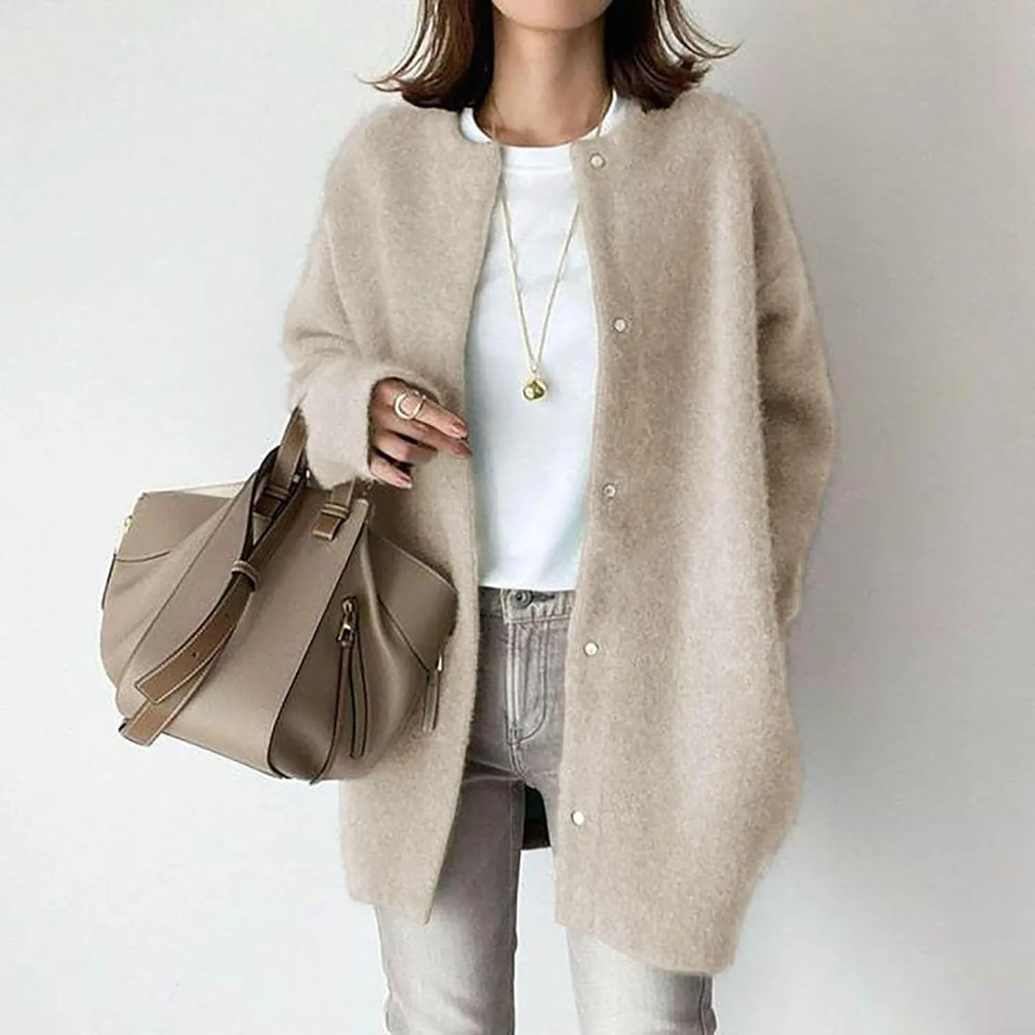 Warm Cardigans for Women Women's Korean Wool Coat Slim Trench Long Coat Fall Winter Elegant Round Ladies Short