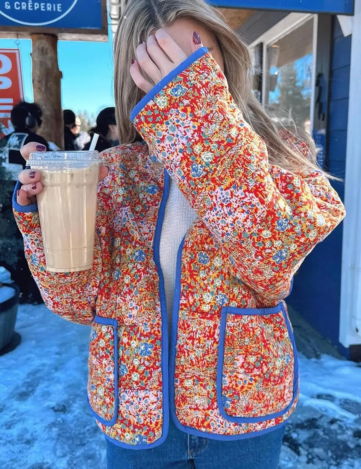 Women's Cropped Quilted Jacket Floral Print Puffer Jackets Lightweight Long Sleeve Warm Puffy Cardigan Coat 2024 Trendy