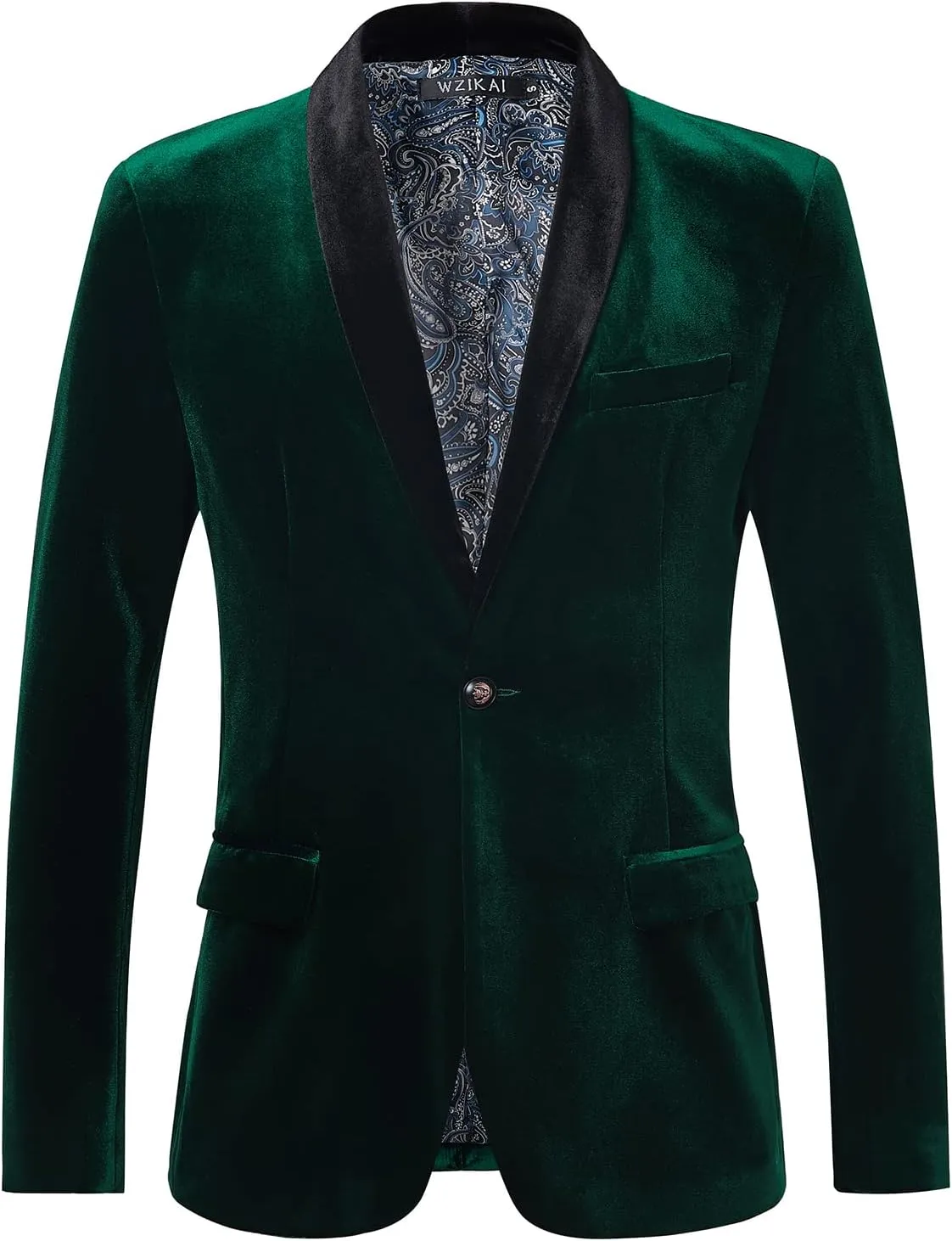 WZIKAI Mens Velvet Blazer Slim Fit One Button Solid Suit Jacket Sport Coat for Wedding Prom Dinner Party